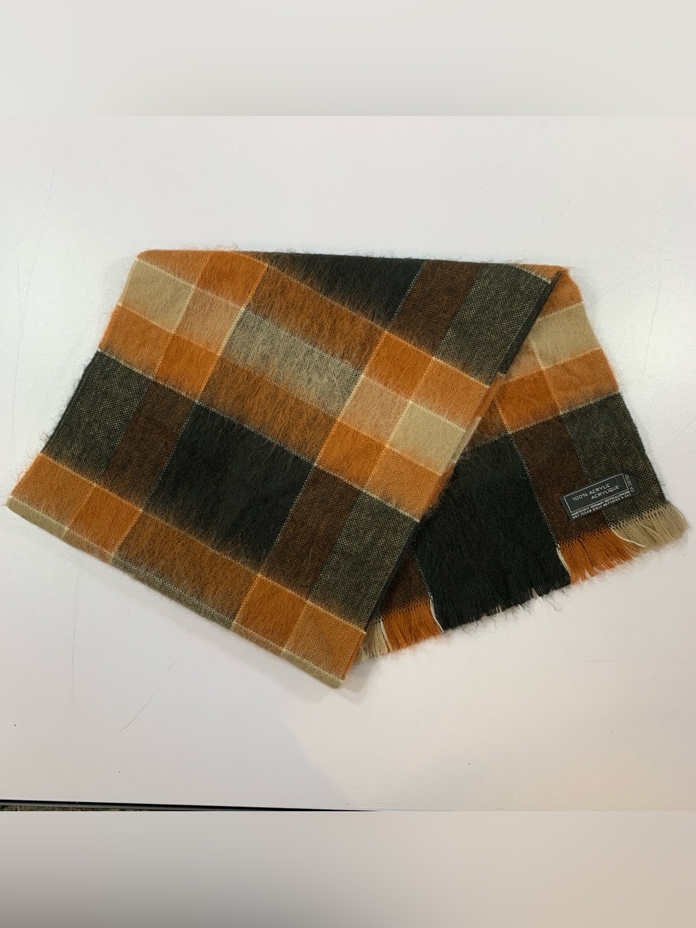 Vintage 80s Fraas Scarf Made In West Germany Fuzzy Brown Black Plaid Fringe
